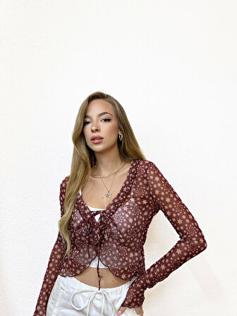 Desenli V Yaka Şifon Bluz