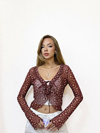 Desenli V Yaka Şifon Bluz