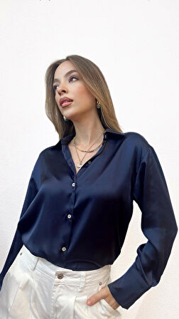 V Yaka Basic Saten Lacivert Gömlek