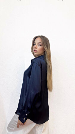 V Yaka Basic Saten Lacivert Gömlek