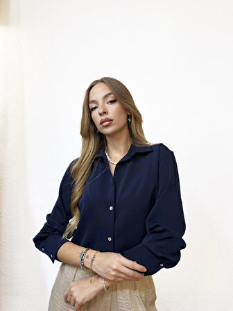 Likralı Basic Lacivert Gömlek