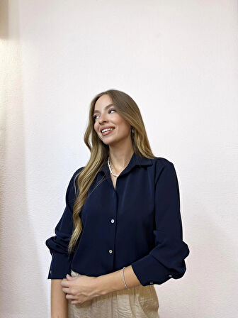 Likralı Basic Lacivert Gömlek