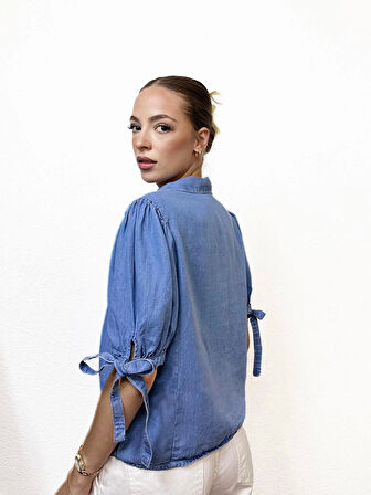 V Yaka Denim Kot Gömlek