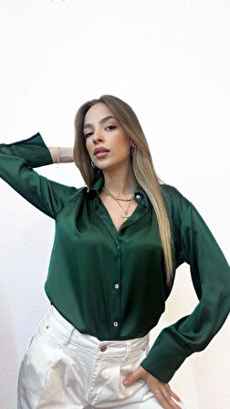 V Yaka Basic Saten Yeşil Gömlek