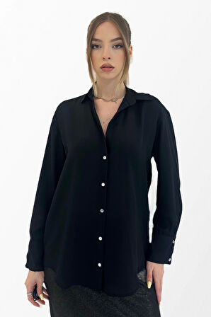 Krep Saten Siyah Gömlek