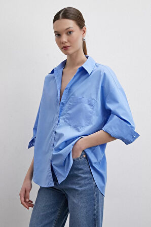 Oversize Pamuklu Mavi Gömlek