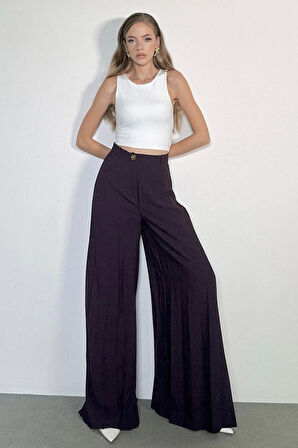 Düğme Detaylı Geniş Paça Mürdüm Pantolon