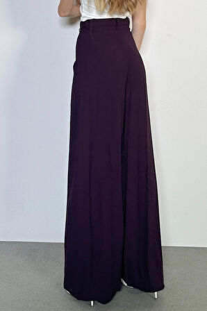 Düğme Detaylı Geniş Paça Mürdüm Pantolon