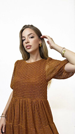 Kısa Kollu Astarlı Kiremit Elbise