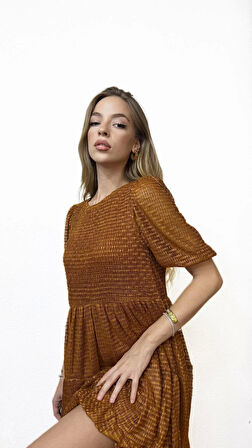 Kısa Kollu Astarlı Kiremit Elbise