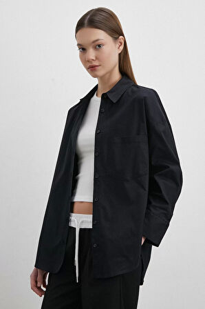 Likralı Siyah Poplin Gömlek