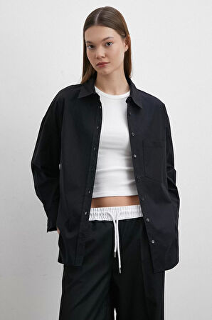 Likralı Siyah Poplin Gömlek