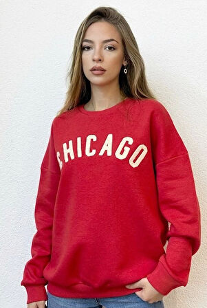 Önü Yazılı Bisiklet Yaka Kırmızı Sweatshirt