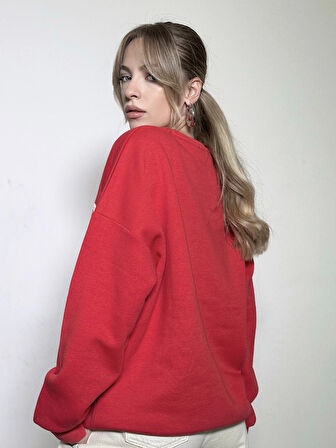 Önü Yazılı Bisiklet Yaka Kırmızı Sweatshirt