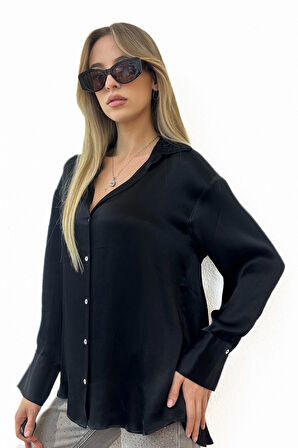 V Yaka Siyah Saten Gömlek