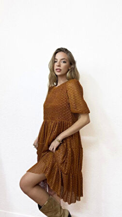 Kısa Kollu Astarlı Kiremit Elbise