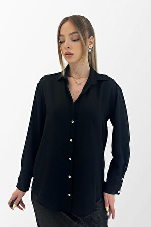 Krep Saten Siyah Gömlek