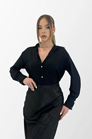 Krep Saten Siyah Gömlek