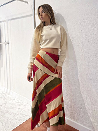 Asimetrik Çizgili Renkli Saten Etek