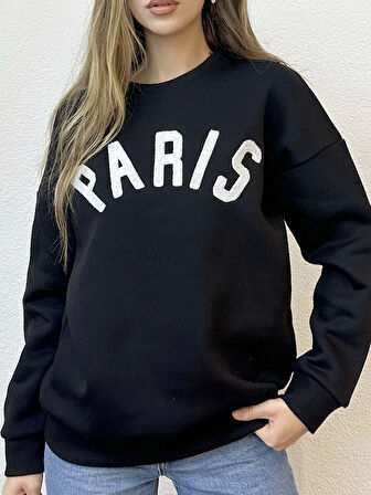 Önü Yazılı Oversize Bisiklet Yaka Siyah Sweatshirt