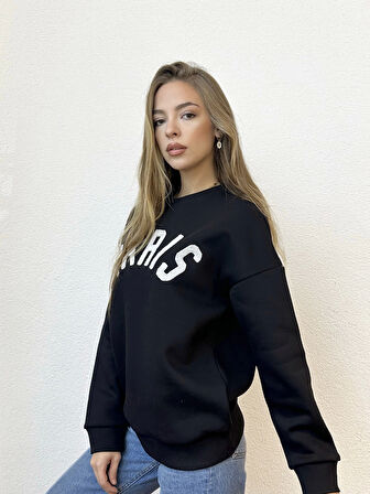 Önü Yazılı Oversize Bisiklet Yaka Siyah Sweatshirt
