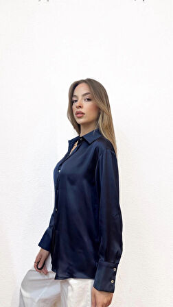 V Yaka Basic Saten Lacivert Gömlek