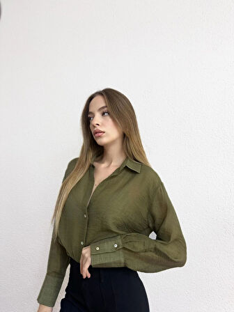 Kendinden Çizgili Viskon Haki Gömlek