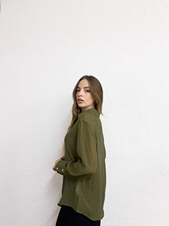 Kendinden Çizgili Viskon Haki Gömlek