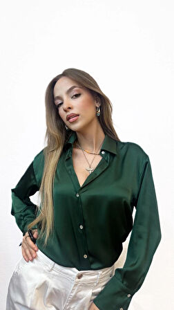 V Yaka Basic Saten Yeşil Gömlek