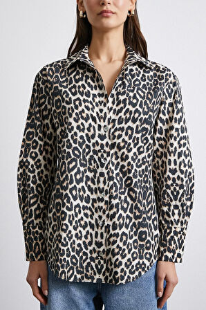 Leopar Desenli Pamuklu Bej Gömlek