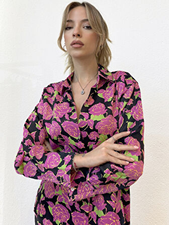 Çiçek Desenli Pembe Saten Gömlek