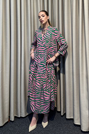 Hakim Yaka Desenli Maxi Elbise