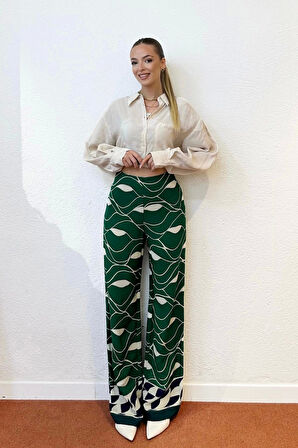 Bol Kesim Desenli Viskon Pantolon