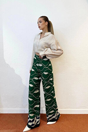 Bol Kesim Desenli Viskon Pantolon