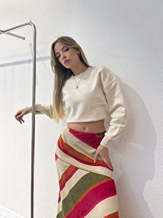 Asimetrik Çizgili Renkli Saten Etek