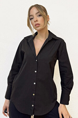 Keten Karışımlı Oversize Siyah Gömlek