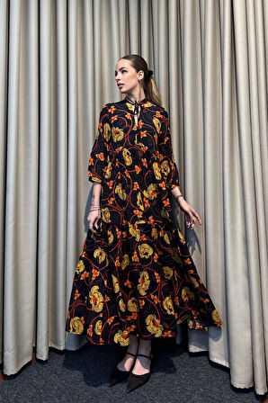 Hakim Yaka Desenli Lacivert Maxi Elbise