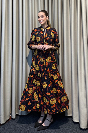 Hakim Yaka Desenli Lacivert Maxi Elbise