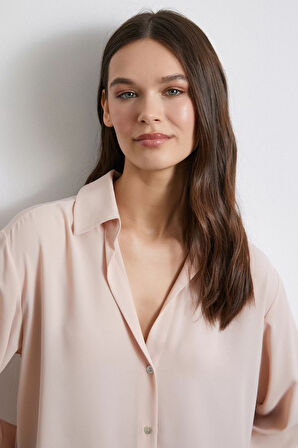 V Yaka Şifon Pudra Gömlek