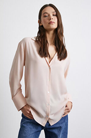 V Yaka Şifon Pudra Gömlek
