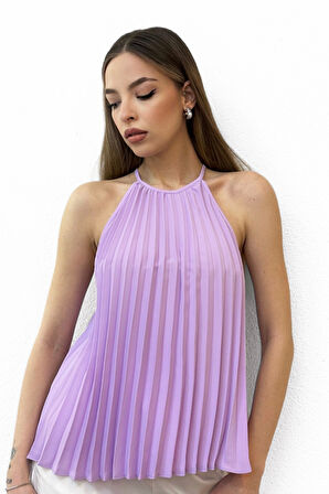 Piliseli Halter Yaka Lila Bluz