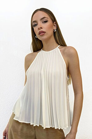 Piliseli Halter Yaka Krem Bluz