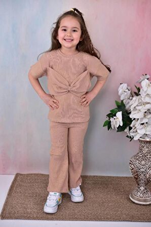 Kız Çocuk Fiyonk Detaylı Düz Renk Alt Üst Takım