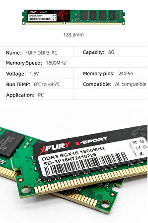 FURY E-SPORT DDR3 8Gb 1600Mhz Masaüstü Ram Bellek