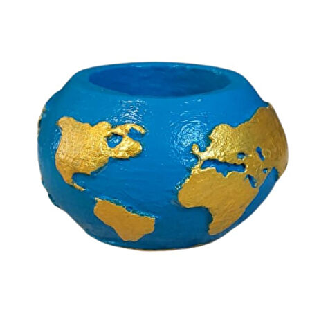 Uretti - Ayşe 7362 7938 El Yapımı Dünya Şeklinde Mavi - Gold Renk  Saksı / Mumluk Dekoratif Obje - 6 x 9 cm