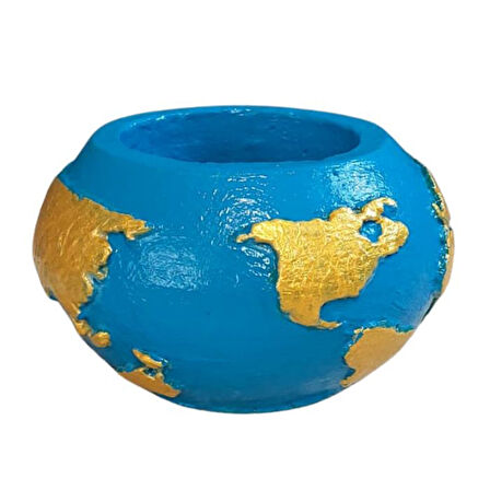 Uretti - Ayşe 7362 7938 El Yapımı Dünya Şeklinde Mavi - Gold Renk  Saksı / Mumluk Dekoratif Obje - 6 x 9 cm