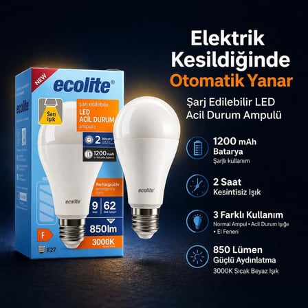 Ecolite Şarjlı LED Acil Durum Ampulü 9W E27 (Sarı)