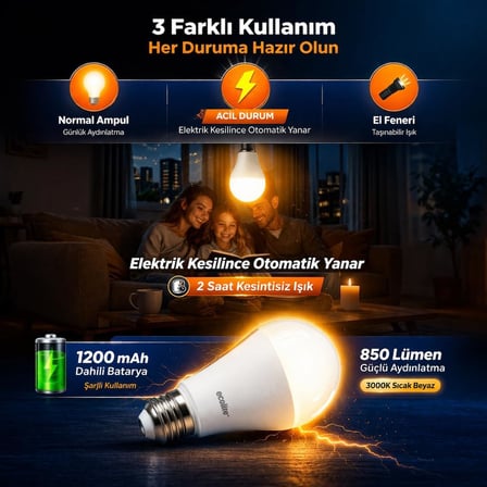 Ecolite Şarjlı LED Acil Durum Ampulü 9W E27 (Sarı)