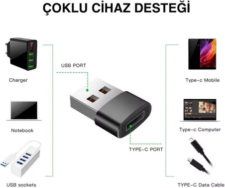 USB to Type-C Çevirici Adaptör | USB Girişli Cihazlardan Type-C Kablo Kullanımı için Tak-Çalıştır Dönüştürücü Siyah