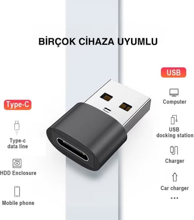 USB to Type-C Çevirici Adaptör | USB Girişli Cihazlardan Type-C Kablo Kullanımı için Tak-Çalıştır Dönüştürücü Siyah